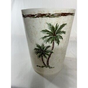 Vintage Springmaid Palm Breeze Waste Basket Beige Tropical Acrylic Trash Can 10"